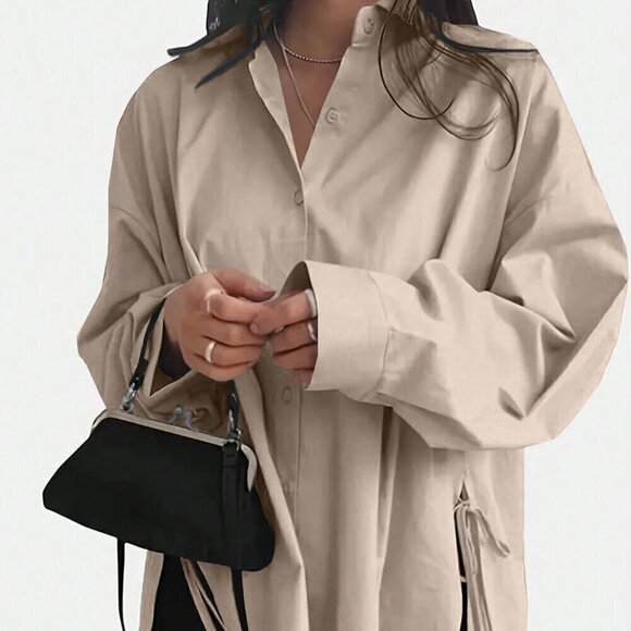 Khaki Casual Women's Solid Drop Shoulder Split Hem Shirt - Picture 1 of 5